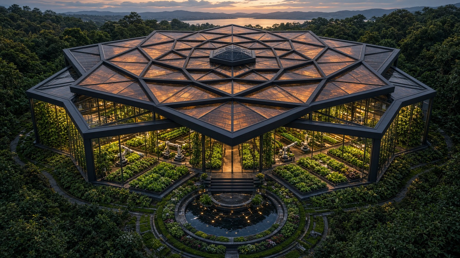 Elevated view of the Sri Chakra-inspired intelligent greenhouse
