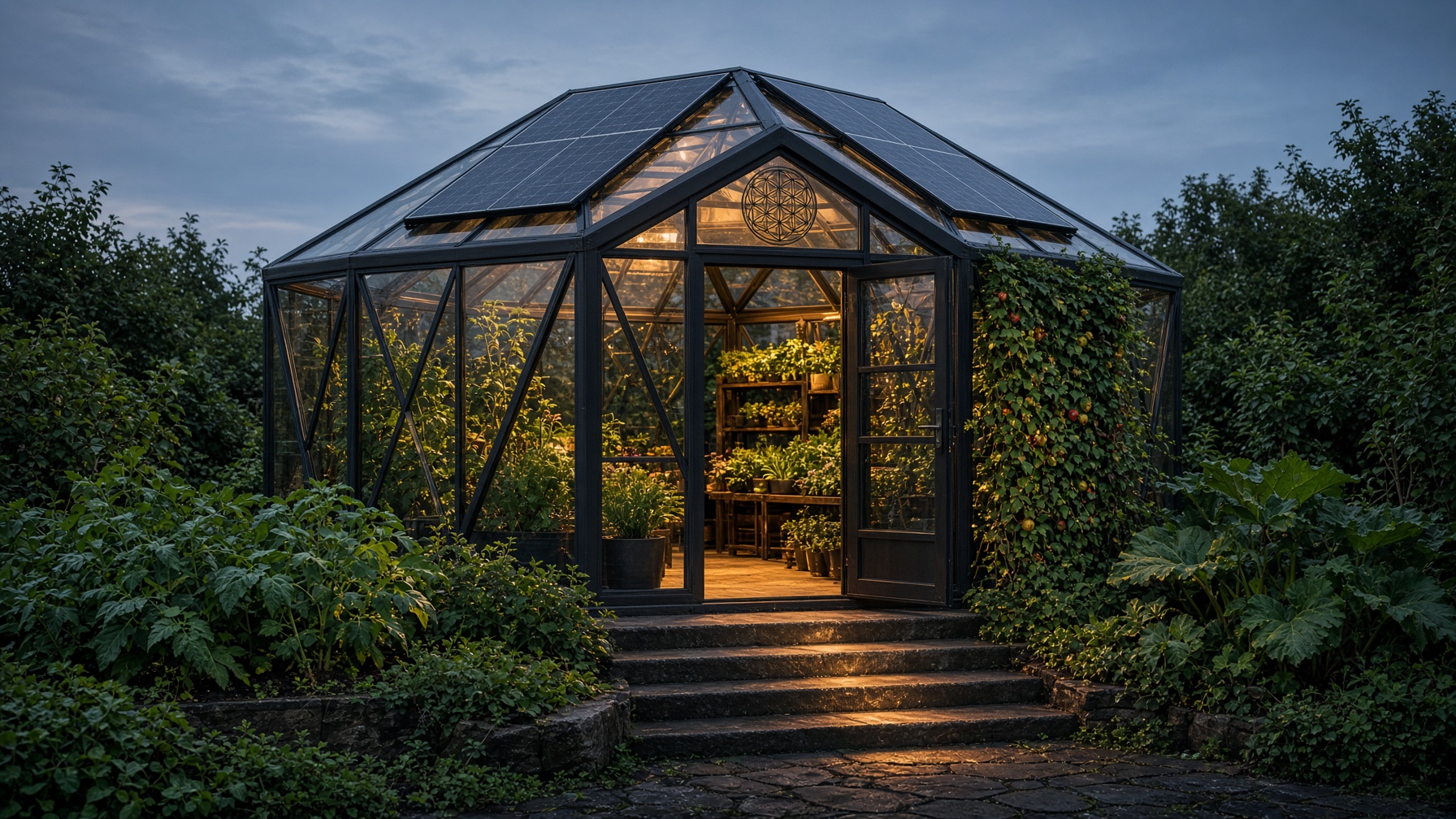 Sri Chakra Living Lab entrance in warm sunrise light