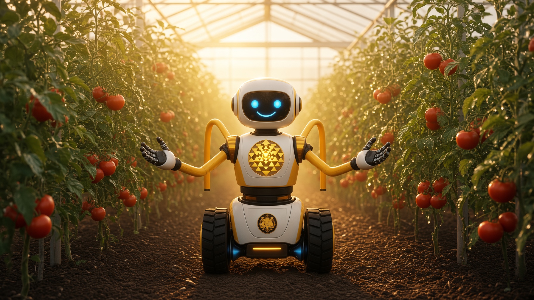 MahaaAi greenhouse aisle at sunrise with the multi-arm robot among healthy crops