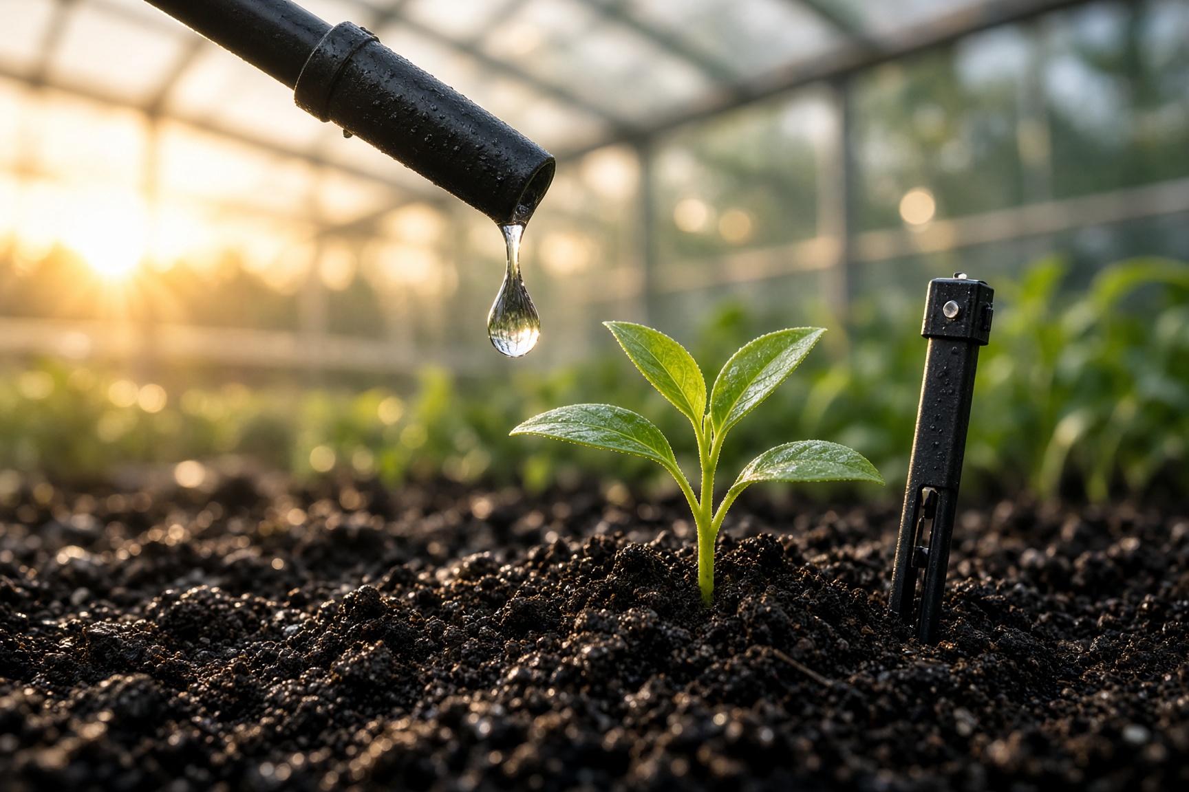 Precision irrigation droplet on a seedling in greenhouse soil