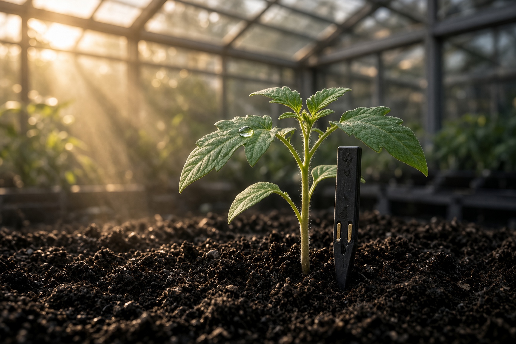 Close-up of a greenhouse plant with a soil sensor at sunrise