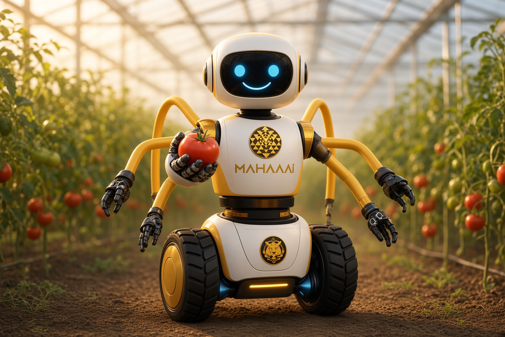 CHANDI-18 multi-arm MahaaAi robot in a greenhouse, white and gold body with Sri Yantra emblem