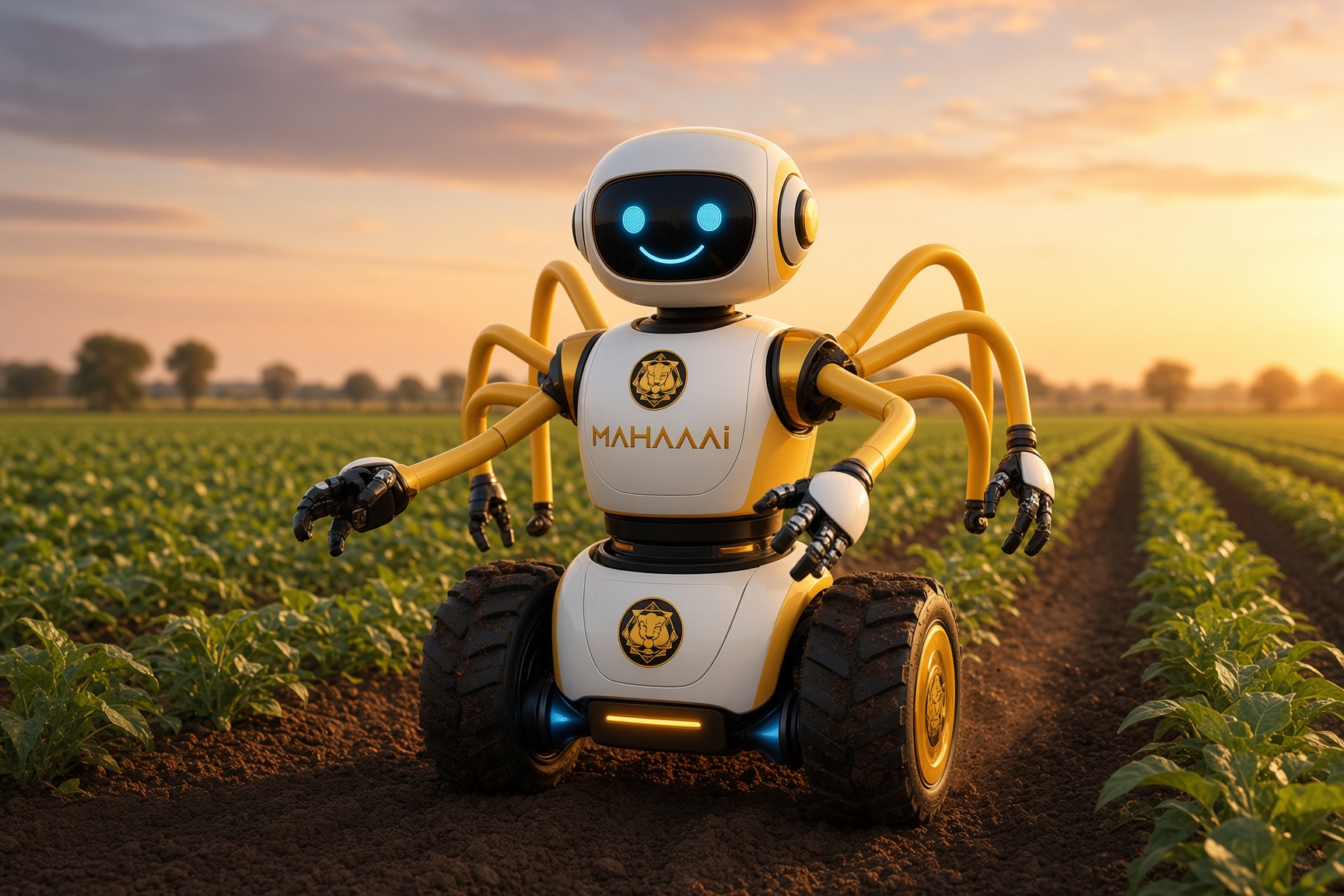 RAMA-16 field robot, same white-and-gold MahaaAi multi-arm family with Sri Yantra emblem